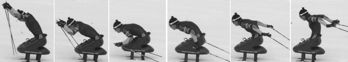 Sequenz: Wintersportler auf Rennschlitten in Startposition auf verschneiter Piste